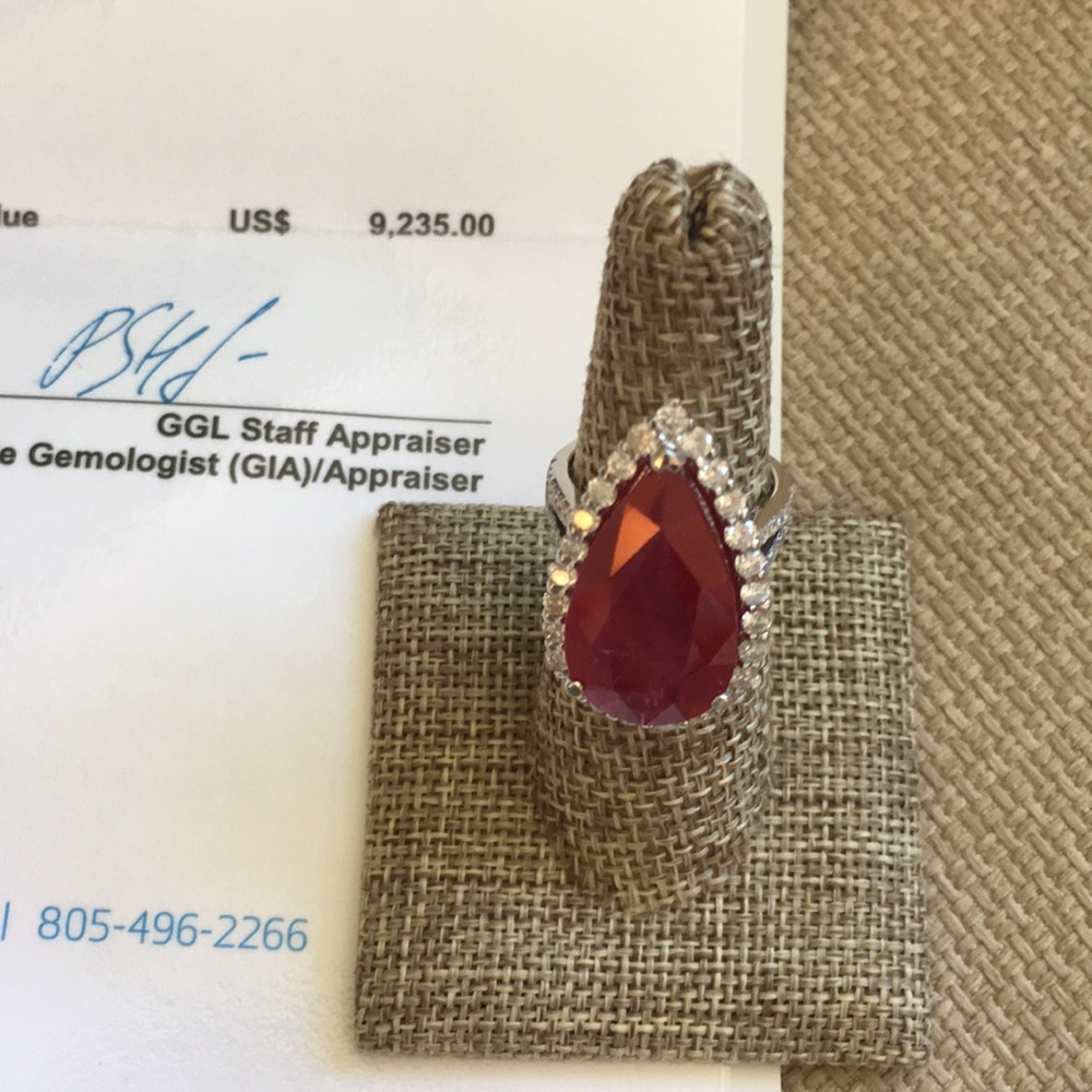 Genuine Ruby 12Ct Pear Cut 14KT White Gold Ring